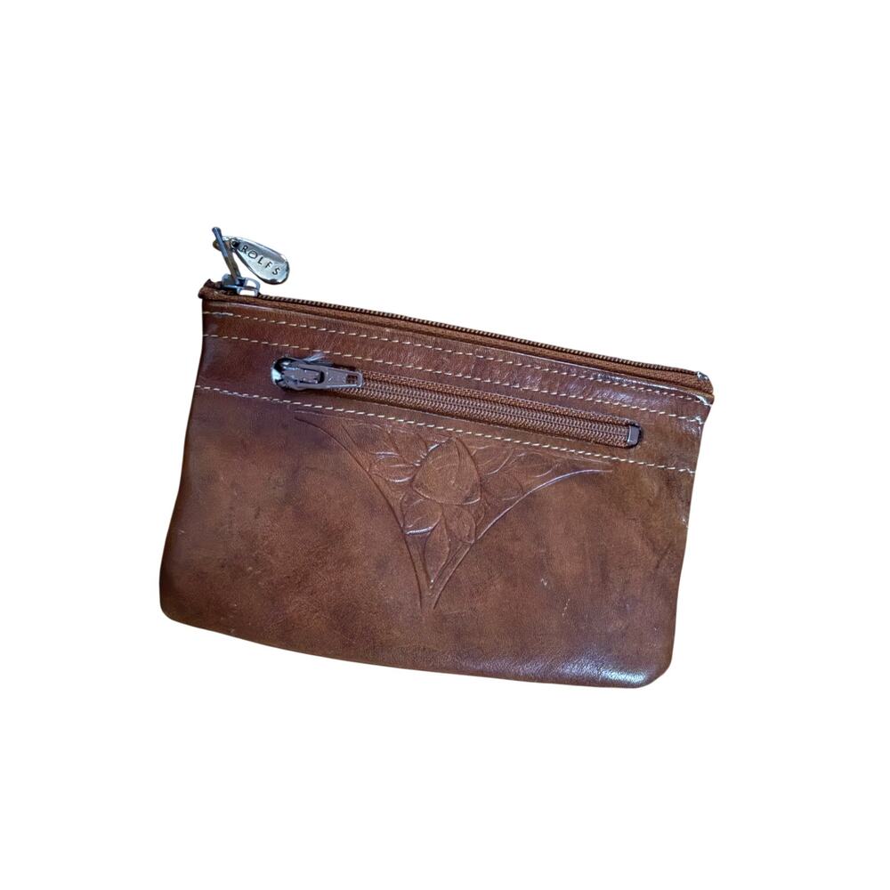 Vintage Rolfs genuine cowhide leather floral embroidered coin‎ pouch